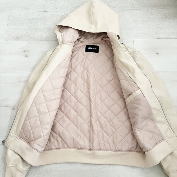 Nova Men Faux Vanilla Hooded Leather Bomber Jacket Size Large - Picture 3 of 5